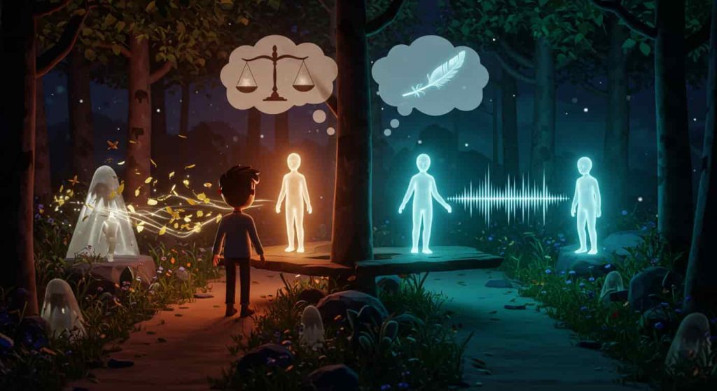 A Pixar-style 3D cartoon scene of a character at a mystical forest crossroads, comparing natural whistling sounds with spiritual whistling, featuring a thought bubble with a balance scale, set in a detailed nighttime forest with hidden spiritual symbols.