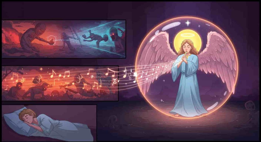 An editorial cartoon style comic depicting a guardian angel whistling a protective bubble around a sleeping person, deflecting dangers and negative entities, with subtle spiritual symbols in the whistled tune.