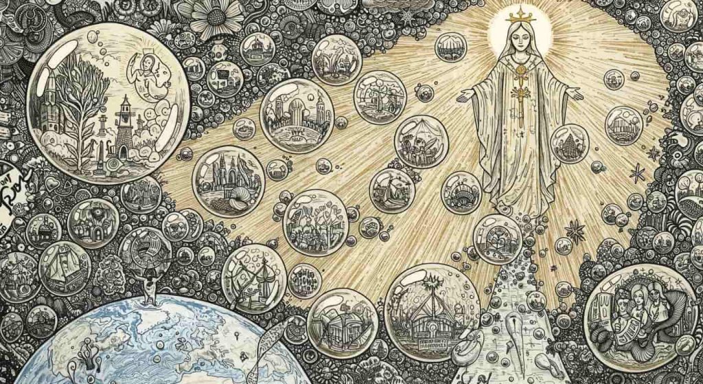 A dynamic doodle sketch depicting bubbles as messengers between earth and the divine realm, carrying symbols, words, and tiny scenes, illustrated with black ink and golden accents to convey magical and spiritual communication.