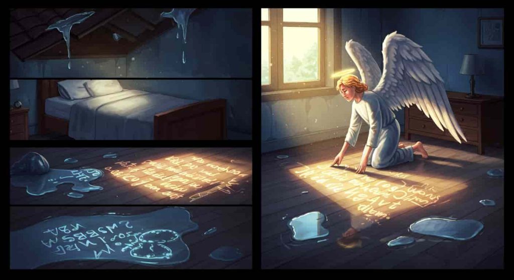 An image depicting an angel using a leaking roof to write glowing messages on a dreamer's floor, representing divine communication through dreams.