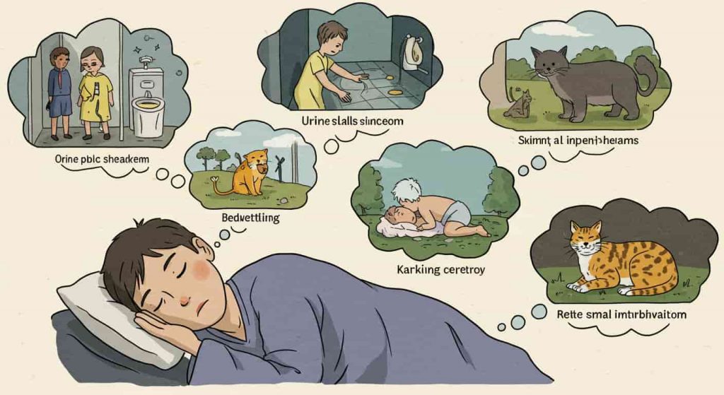Comic strip depicting dream scenarios involving urine and their potential spiritual interpretations.