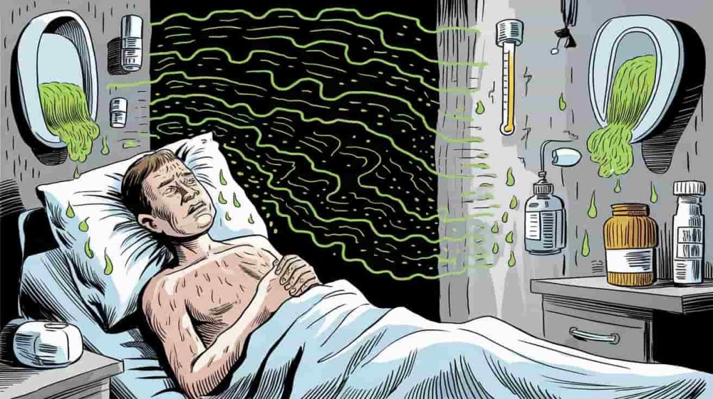 Comic strip depicting a sick person in bed with a strong smell of urine, symbolizing anxieties about health and mortality.