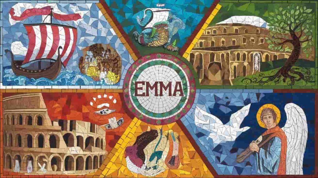 A mosaic mural design with "EMMA" at the center, surrounded by four cultural scenes representing Germanic, Latin, Celtic, and Modern Western interpretations of the name.