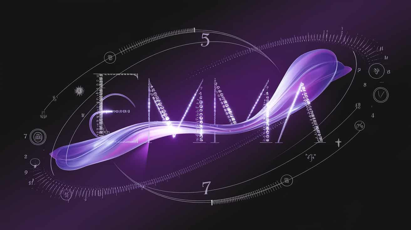 An abstract digital artwork with "EMMA" formed by flowing streams of numbers, emphasizing 5 and 7, surrounded by mathematical and mystical symbols.