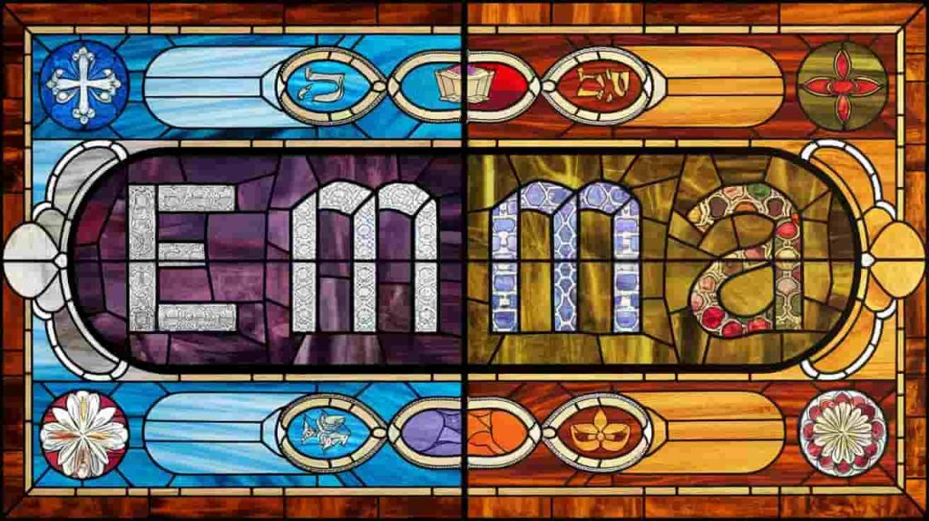 A stained glass window design with "EMMA" at the center, each letter styled in Christian, Jewish, Buddhist, and Hindu artistic traditions, surrounded by religious symbols.
