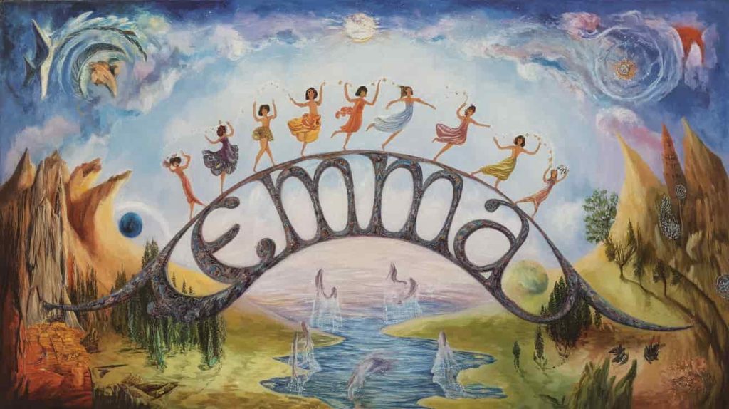 A surrealist oil painting of a dreamlike landscape where the word "EMMA" forms a bridge between earth and sky. Seven ethereal figures, each representing a spiritual aspect of Emma, dance across the bridge. The surrounding scenery blends natural and cosmic elements, symbolizing the interconnectedness of Emma's spiritual qualities.