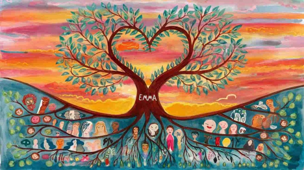 A watercolor painting of a heart-shaped tree with "EMMA" in its trunk, its roots embracing diverse figures, symbolizing universal love.