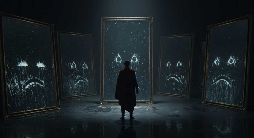 3D rendered dark fantasy painting of a person surrounded by mirrors reflecting different emotions through water patterns, illustrating the emotional aspects of leaking roof dreams.
