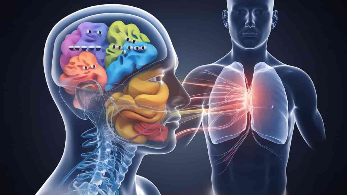 3D conceptual artwork showing a merged human head and chest profile with emotional states represented by colors and shapes, connected to the right chest area, illustrating emotional factors in chest pain.
