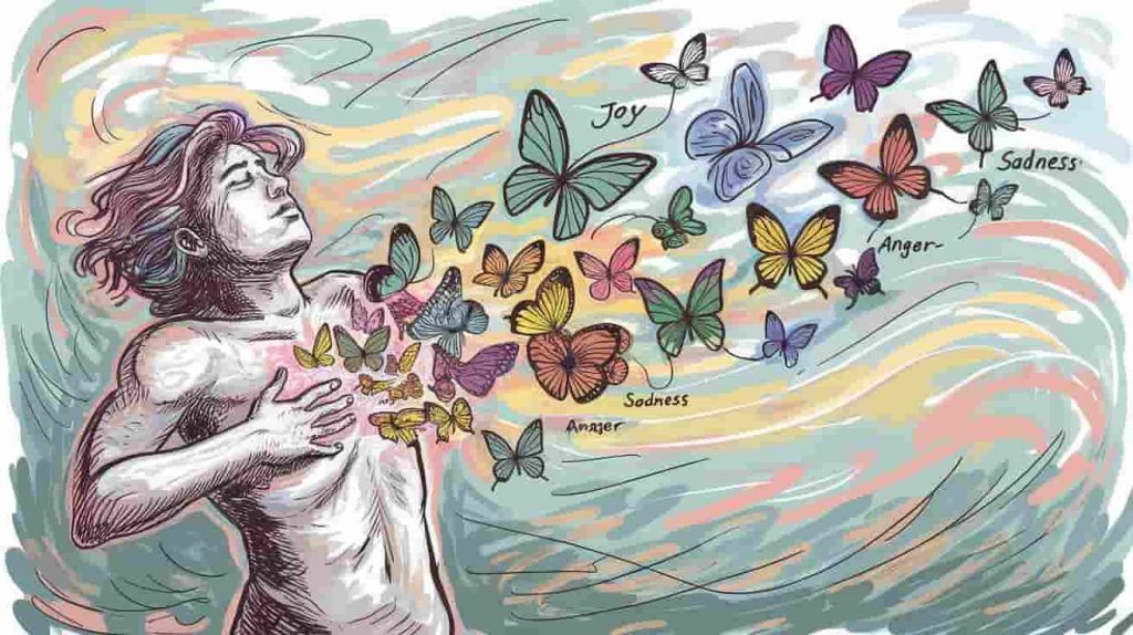 Doodle sketch of a person releasing colorful, labeled emotion butterflies from their chest, symbolizing emotional release methods for pain alleviation.