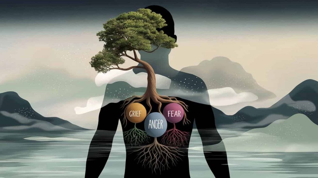 Ukiyo-e inspired 3D art showing a human silhouette with a tree growing from their left chest, roots labeled with emotions, symbolizing the emotional causes of chest discomfort.