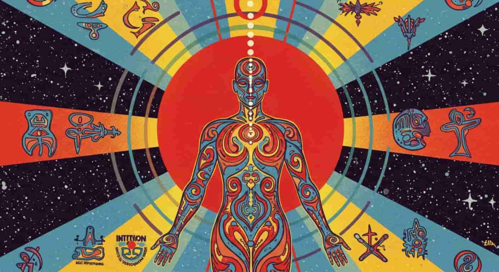 Peter Max-inspired pop art image depicting a stylized human figure surrounded by energy circles from a blood red sun, with symbols of intuition and heightened awareness.