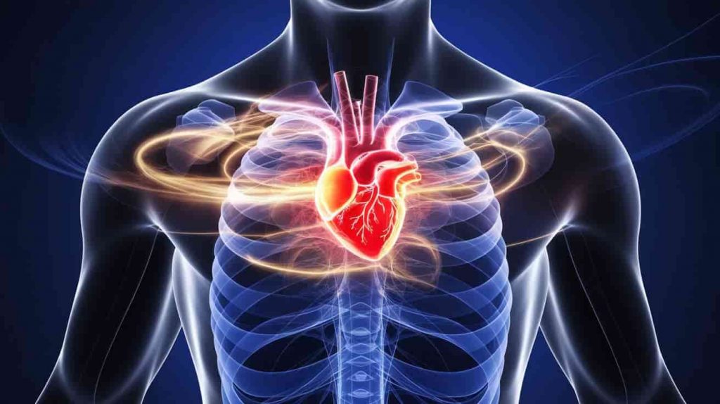 3D conceptual art of a human silhouette with glowing heart and solar plexus regions, surrounded by abstract energy flows, representing energy centers related to right chest pain.
