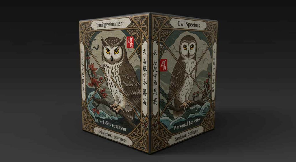 A 3D cube with Ukiyo-e and dark fantasy elements depicting factors influencing the spiritual meaning of owl encounters on each face.