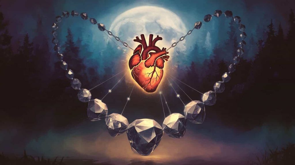 A captivating 3D rendering of a dark fantasy painting, showing a radiant heart connected to a surreal, broken gemstone necklace by glowing threads of light, with a backdrop of a misty, moonlit forest, symbolizing the factors influencing the spiritual interpretation of a broken necklace, including personal beliefs and emotional state.