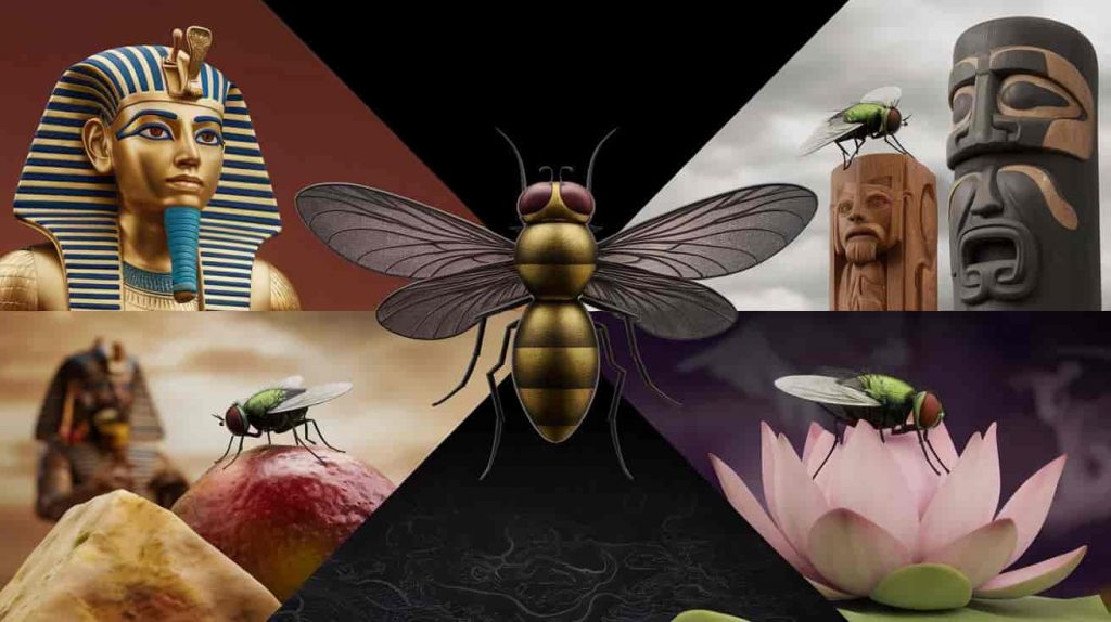 A 3D Ukiyo-e dark fantasy rendering depicting four cultural interpretations of flies, showcasing Ancient Egyptian, Biblical, Native American, and Eastern philosophical perspectives.