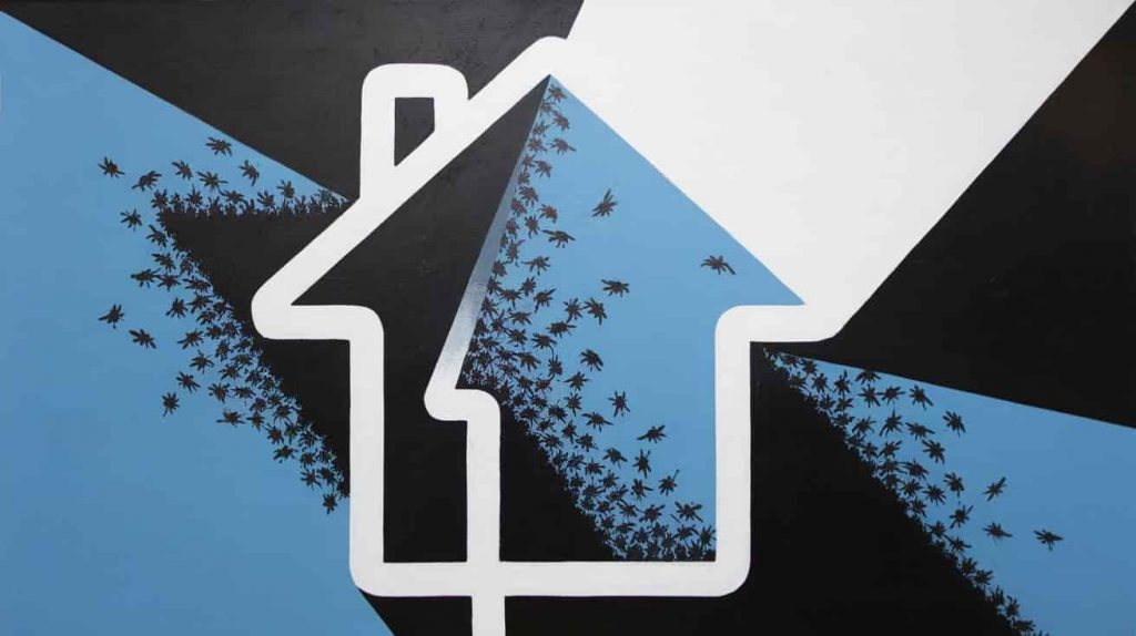 A minimalist pop art painting of a house outline with contrasting light and shadow areas, and fly silhouettes in shadowy regions, representing flies as indicators of spiritual impurities.