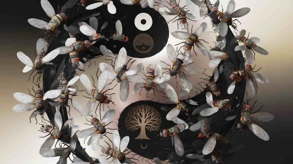A 3D Ukiyo-e dark fantasy rendering depicting four cultural interpretations of flies, showcasing Ancient Egyptian, Biblical, Native American, and Eastern philosophical perspectives.