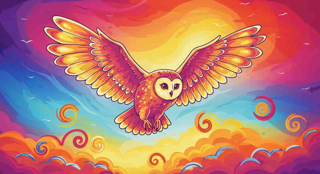 A vibrant pop art style image of a flying owl against a psychedelic sky, symbolizing freedom and new perspectives in owl dreams.