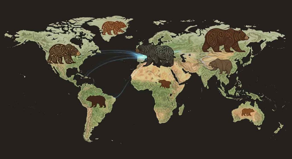 A world map featuring stylized bear representations from various cultures, connected by dream-like wisps to illustrate shared spiritual significance across different traditions.