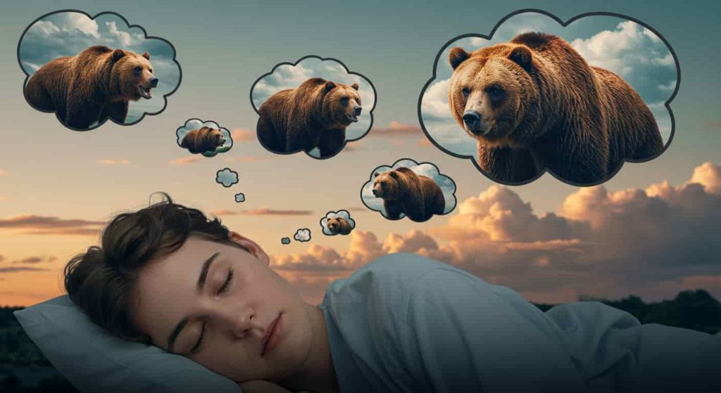 Surreal digital illustration of a person dreaming about grizzly bears, with thought bubbles showing various bear-related dream scenarios, representing the interpretation of grizzly bear dreams and visions.
