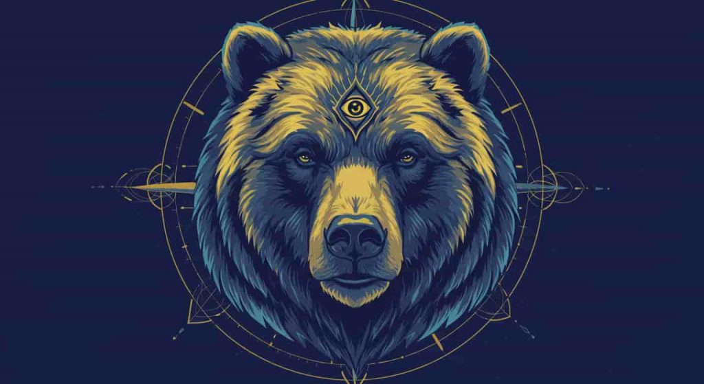 Minimalist pop art painting of a grizzly bear head with a third eye, surrounded by wavy lines and compass elements, symbolizing intuition, instinct, and inner guidance.