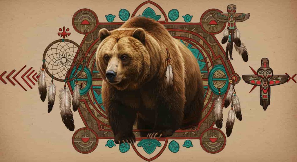 Native American-inspired digital painting of a grizzly bear surrounded by spiritual symbols, representing its significance in Native American spirituality and traditions.