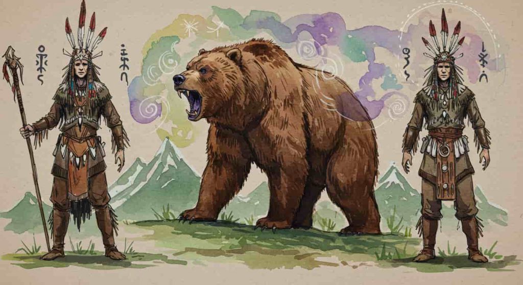 Impressionist watercolor and pen sketch showing a shaman's transformation into a grizzly bear, with shamanic symbols and swirling energy, representing the grizzly bear as a power animal in shamanic practices.