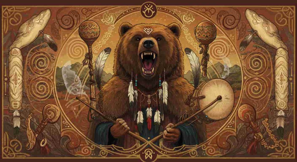 Detailed digital illustration of a shaman wearing grizzly bear attire, surrounded by shamanic tools and symbols, representing the role of grizzly bears in shamanic practices and rituals.