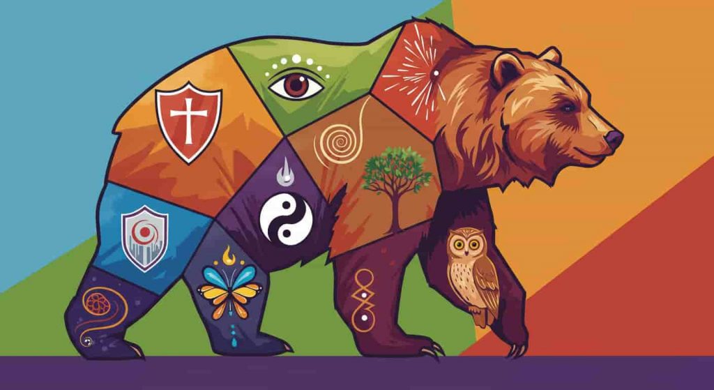 Pop art style grizzly bear silhouette divided into seven colorful sections, each representing different spiritual meanings with symbolic elements, illustrating the diverse spiritual symbolism of grizzly bears.
