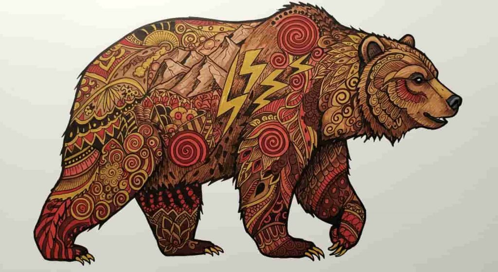 Dynamic doodle sketch of a grizzly bear silhouette filled with intricate patterns and symbols representing strength, courage, and inner power, with bold linework and vibrant colors.