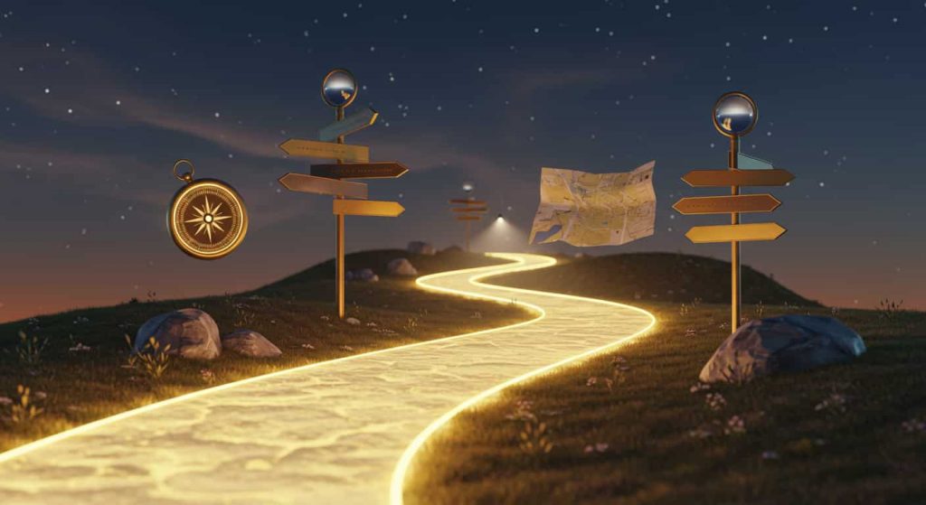 A surreal 3D landscape with a winding, luminous path guided by a single headlight, featuring floating compasses and signs, symbolizing spiritual guidance in life's journey.