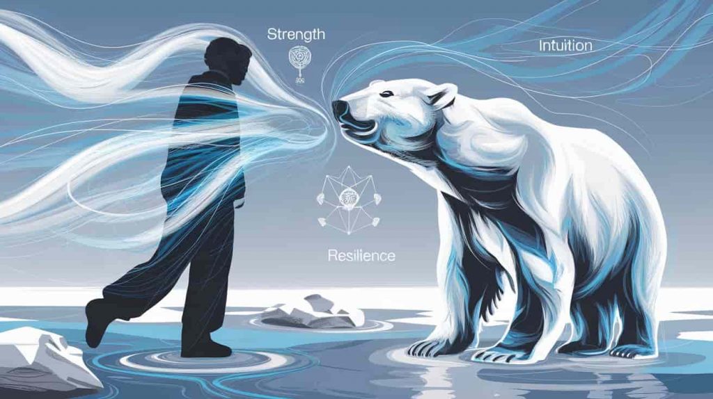 An abstract illustration of a person absorbing polar bear spiritual energy, with swirling white and blue patterns and symbols of strength, intuition, and resilience emerging from the figure.