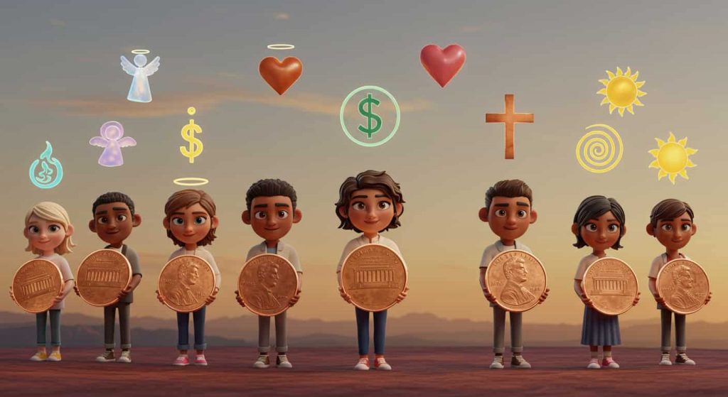 A Pixar-style 3D cartoon showing diverse people holding glowing pennies, with floating symbols above representing various spiritual meanings of heads-up pennies.