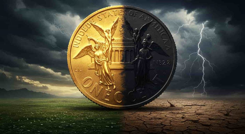 A dramatic 3D rendered fantasy painting of a giant penny on edge, with contrasting light and dark sides representing the different meanings of heads-up and tails-up pennies.
