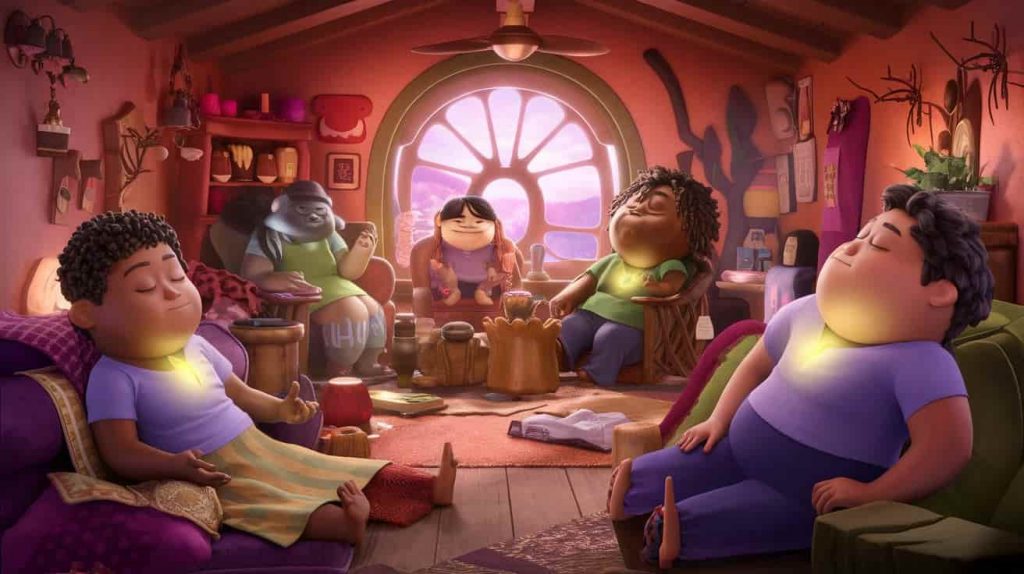 Pixar-style 3D cartoon of a warm room with characters engaged in various healing practices for spiritually-rooted left chest pain, including counseling and breathing exercises.