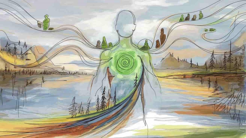 Impressionist watercolor and pen sketch of a human silhouette with a green energy spiral in the chest, connected to various life aspects, illustrating the heart energy's role.