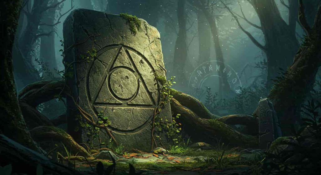 A striking 3D render of a dark fantasy painting of an ancient stone tablet, carved with the triangle and circle symbol, set in a mystical forest with otherworldly light, representing the symbol's deep historical roots.