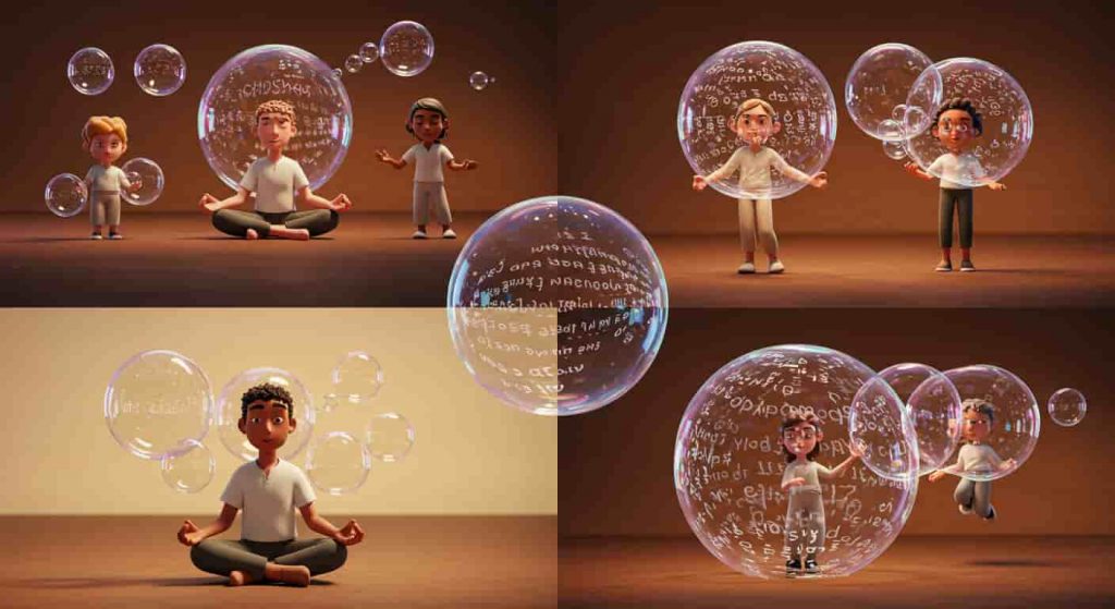 A Pixar-style 3D cartoon scene depicting diverse people engaged in bubble-related spiritual activities, including meditation with thought bubbles, intention-setting with blown bubbles, and protective bubble shields, illustrating the incorporation of bubble symbolism in spiritual growth.