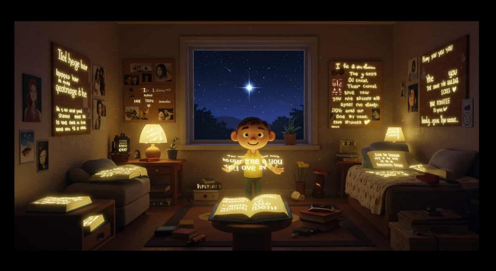 A Pixar-style 3D cartoon of a character's room filled with glowing journals and spiritual objects, illustrating the integration of one headlight spiritual messages into daily life.