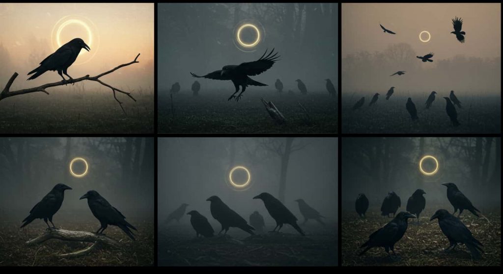 A 3D rendered dark fantasy scene of a misty forest clearing featuring various crow encounters, including single, paired, and group sightings, with glowing auras suggesting spiritual significance.