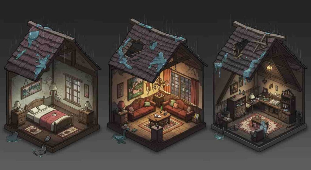 An image showing three houses with distinct roof leaks, illustrating the importance of dream details.
