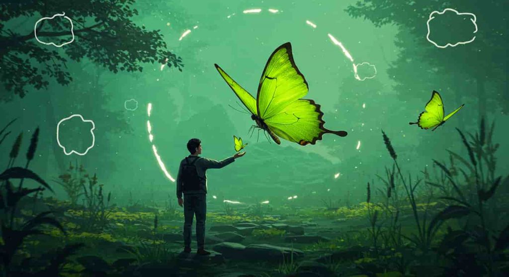 A 3D ukiyo-e inspired artwork showing a person encountering a lime green butterfly in nature, with visual cues suggesting various spiritual interpretations of the event.