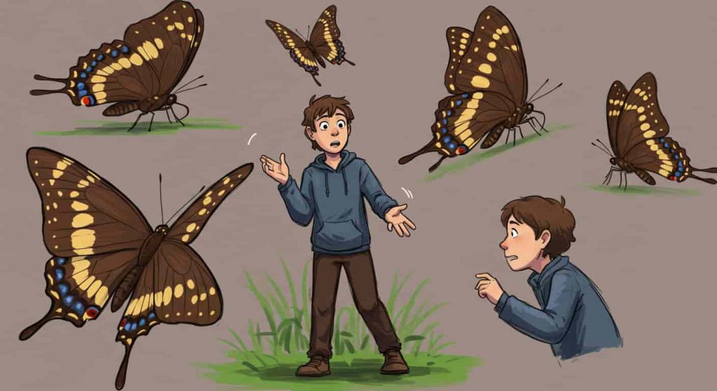 a person observing Mourning Cloak butterflies with dark brown wings and yellow borders in various behaviors, illustrating different encounter interpretations.