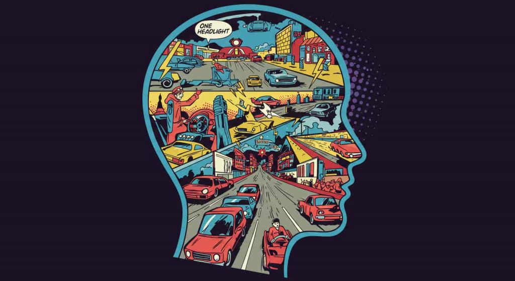 A vibrant pop art illustration of a human head filled with various one headlight scenarios, representing the process of interpreting spiritual encounters and their meanings.