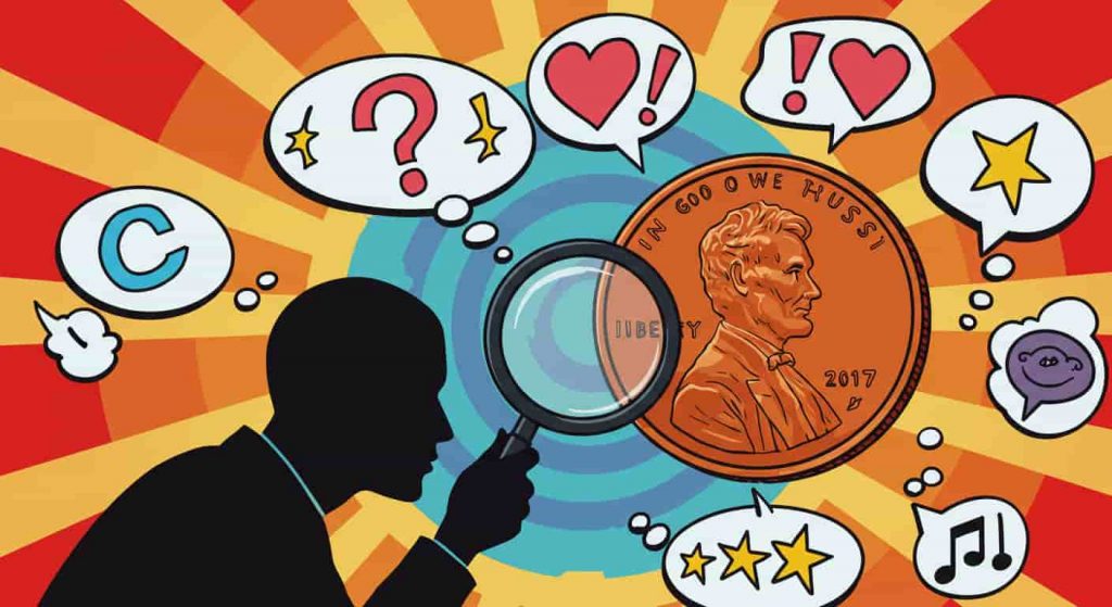 A vibrant pop art image of a silhouette examining a giant penny surrounded by thought bubbles with various symbols, representing the process of interpreting penny signs.
