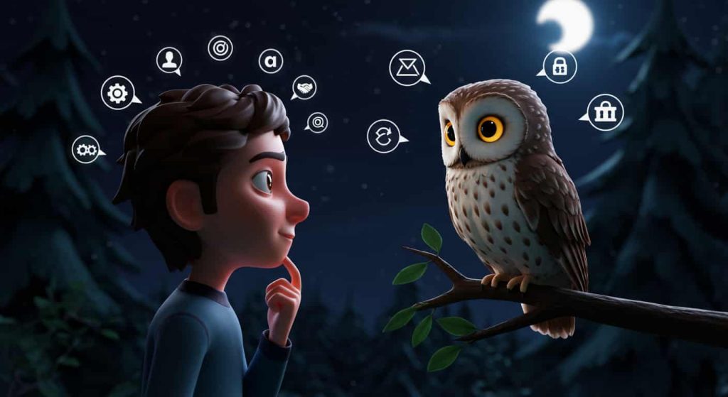 A Pixar-style 3D cartoon of a person in a moonlit forest interpreting their encounter with a wise owl, surrounded by symbols of reflection and understanding.