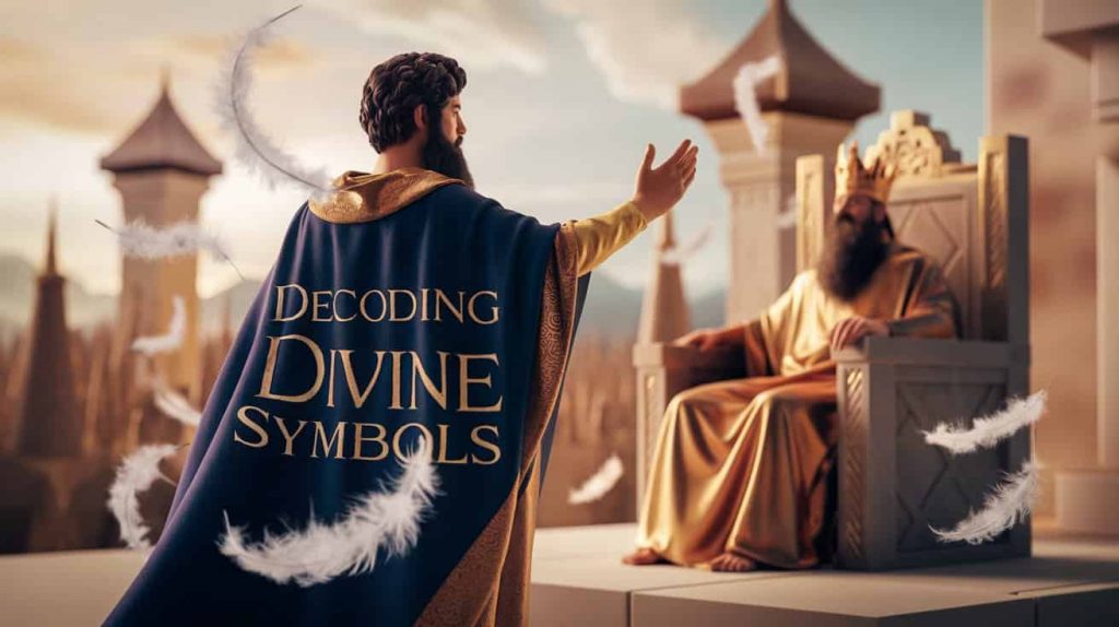 Conceptual 3D artwork of Daniel interpreting Nebuchadnezzar's dream with prophetic symbols including white feathers, illustrating the interpretation of biblical prophecy and symbolism.