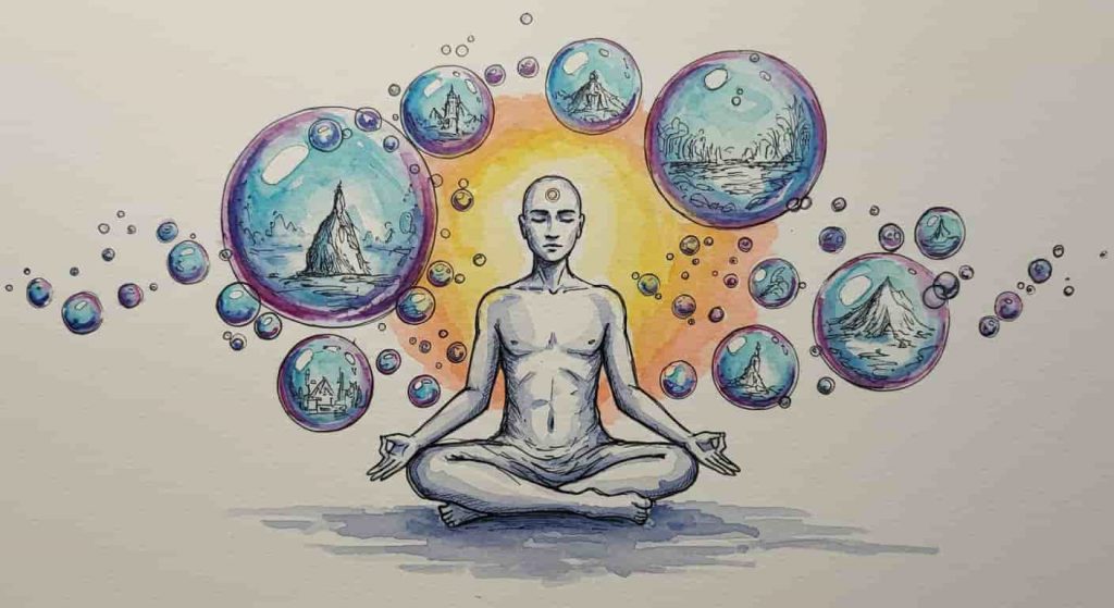 An impressionist watercolor and pen sketch showing a person in meditation surrounded by bubbles containing dream-like scenes, with an aura represented by smaller, colorful bubbles, illustrating the interpretation of bubbles in spiritual experiences.