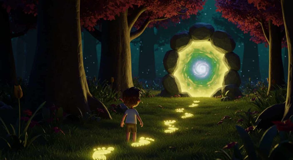 Pixar-style cartoon of a person following glowing, urine-scented footprints towards a mystical portal in a forest.